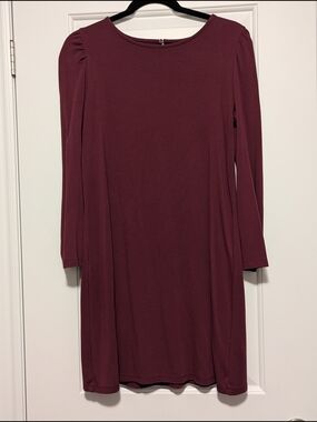 2/$35 Old Navy Burgundy Shift Dress S Long Sleeve Puff Shoulder Keyhole Back